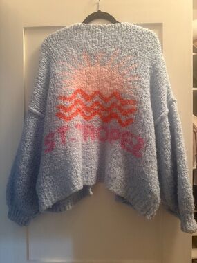 Vintage Havana Light Blue Bouclé Sweater with Coral Sun & Pink Lettering